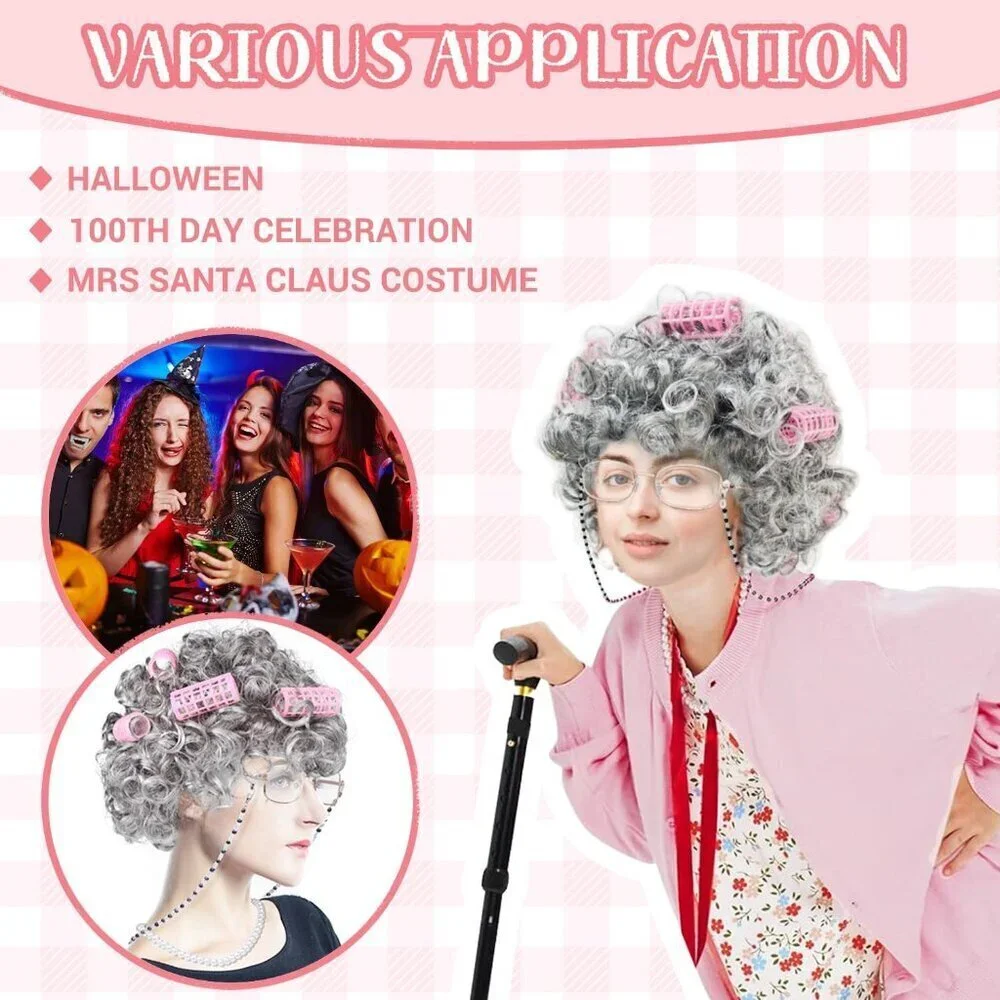 Old Lady Costume Set Gray Wig Glasses Pearl Necklace Cosplay Halloween